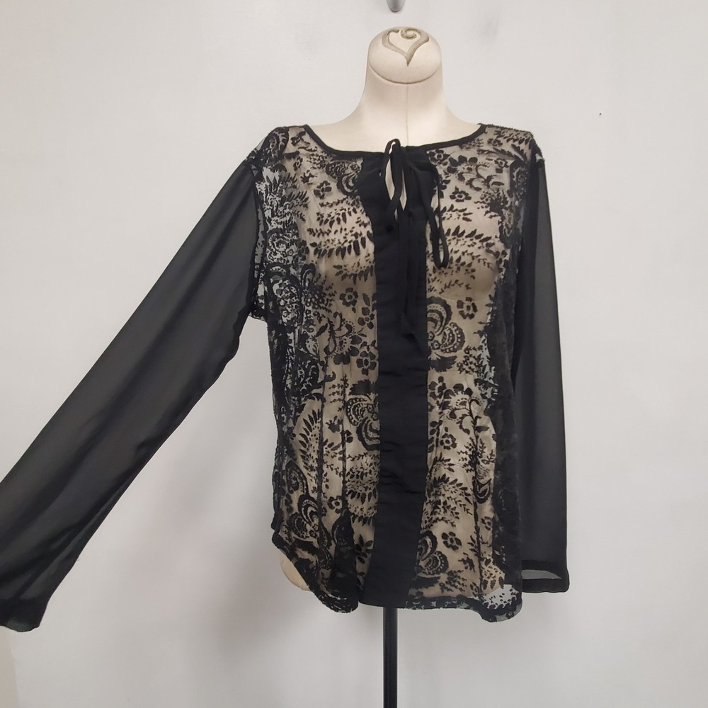 Whimsigoth Dark Romantic‎ Long Sleeve Sheer Mesh Floral Tie Top Size M Black